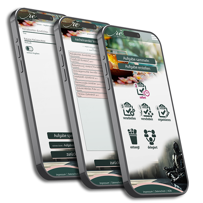 Drei Smartphones mit der App QuadraPeak: Aufgabe erfassen, Aufgabenliste und Startbildschirm